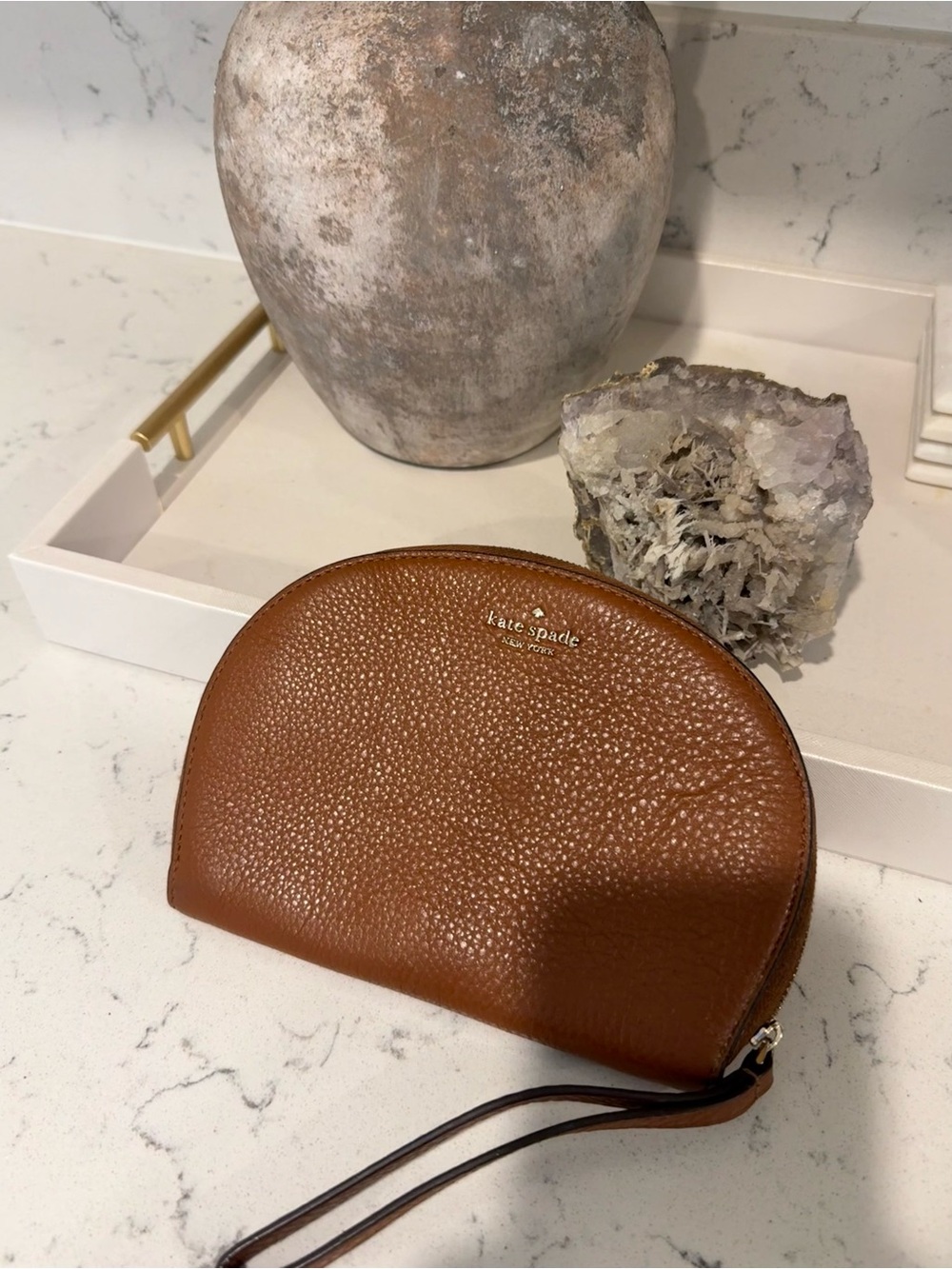 kate spade Pebbled Leather Wristlet in Cognac Brown
